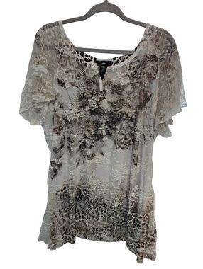 Brittany Black Beige and Brown Floral Lace Overlay Short Sleeve Top